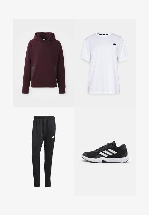 Bordo kapucinis džemperis, pagamintas iš minkštos medžiagos, turi kengūros kišenę su šoninėmis užtrauktukų kišenėmis ir juodomis detalėmis. Gumačia rankovės ir apačia.; Balta sportinė marškinėliai trumpomis rankovėmis, pagaminti iš drėgmę šalinančios medžiagos. Kairėje krūtinės pusėje yra juodas logotipas, o apykaklės viduje yra raštuotas dizainas.; Juodos sportinės kelnes su tampriu juosmeniu, baltomis šoninėmis juostelėmis ir mažu baltu logotipu ant šlaunies. Pagamintos iš sklandžios, lengvos medžiagos.; Juodi sportiniai batai su tekstūruotu tinkliniu paviršiumi, baltais akcentų dryžiais, paminkštintu padu ir sustiprintu kulnu paramai.