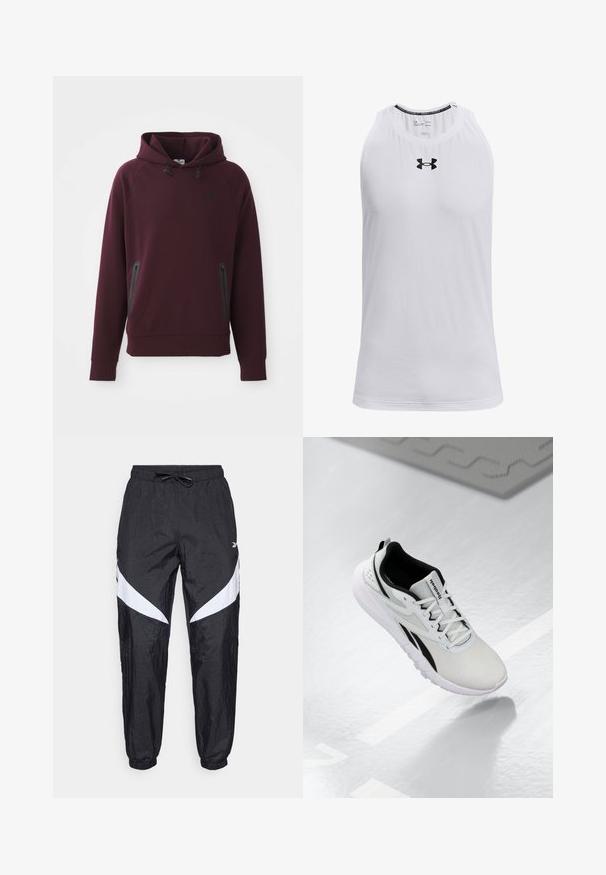 Burgunderfarbener Kapuzenpullover aus weichem Stoff mit einer Kängurutasche, seitlichen Reißverschlüssen und schwarzen Akzenten. Gerippte Bündchen und Saum.; Weißes ärmelloses Tanktop aus weichem Stoff, mit rundem Halsausschnitt und schwarzem Under Armour-Logo auf der Brust.; Schwarze Sporthosen aus strukturiertem Stoff mit einem Kordelzugbund, die weiße diagonale Akzente an den Seiten und elastische Bündchen aufweisen.; Hellgrau Sport-Schuh mit schwarzen Akzenten, strukturiertem Mesh-Obermaterial, gepolstertem Sohlen und Schnürverschluss. Mit einer Zuglasche an der Ferse.