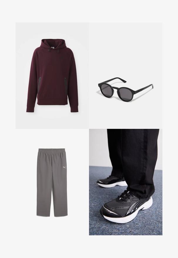 Bordo kapuzenica iz mehkega materiala ima kenguru žep z stranskimi žepi in črnimi detajli. Gubanec na rokavih in ob robu.; Sive športne hlače z elastičnim pasom, izdelane iz lahkega materiala. Imajo majhen bel logotip na levi nogi.; Črne športne čevlje z mrežasto površino, belim podplatom in črnimi detajli. Podplat ima teksturo. Nošeni so z črnimi hlačami na modri preprogi.; Črne sončna očala z okroglim, rahlo valovitim okvirjem, temnimi lečami in ravnimi črnimi ročaji. Gladka, sijajna površina brez vidnih vzorcev.