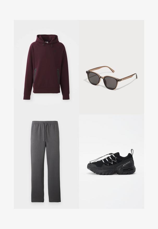 Bordový mikina s kapucňou vyrobená z jemnej tkaniny má kengurskú kapsu so bočnými zipsami a čierne akcenty. Hlavový a rukávový lem sú rebrované.; Sivé športové nohavice s elastickým pásom, sťahovacou šnúrkou a hladkou textúrou. Má priame nohy a žiadne viditeľné vrecká.; Čierne bežecké topánky s použitím sieťoviny v hornej časti, reflexné akcenty a elastické šnúrky. Majú robustnú podrážku s trakčnými vzormi pre stabilitu.; Hnedé plastové slnečné okuliare s tmavými šošovkami, zaobleným tvarom a zužujúcimi sa ramenami. Výrazná ozdoba na spánkoch.