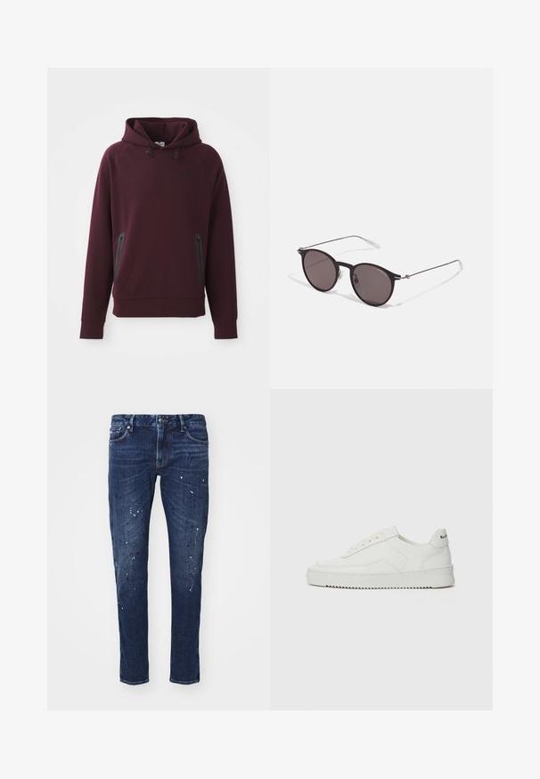 Sradiu de culoare vișinie, cu glugă, confecționat dintr-un material moale, are o buzunar tip kengur cu fermoare laterale și accente negre. Mansete și tiv ribbate.; Jeans din denim de culoare albastru închis, cu o croială slim, prezentând stropi de vopsea, cusături vizibile și un design standard cu cinci buzunare. Croială dreaptă a piciorului.; Sneakers din piele albă cu un finisaj neted, vârf rotund, șireturi plate și o talpă texturată. Prezintă un logo subtil pe călcâi.; Ochelari de soare negri rotunzi cu lentile întunecate și brațe metalice subțiri. Include vârfuri transparente pentru brate și accente argintii la balama. Design minimalist.