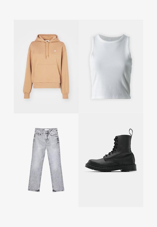 Carhartt WIP HOODED CASEY - Pulover s kapuco - peanut/silver; Bela rebrasta majica brez rokavov z okroglo izrezom, s pravo hem in gladko, elastično strukturo.; Sive traperice z ravnim krojem, z obdelanimi detajli, petimi žepi in bakrenimi zakovicami. Pas ima oznako z logotipom.; Črne usnjene vojaške škornje s okroglo konico, z vezalkami spredaj in z zanko na gležnju. Imajo debele gumijaste podplate za dolgo življenjsko dobo.