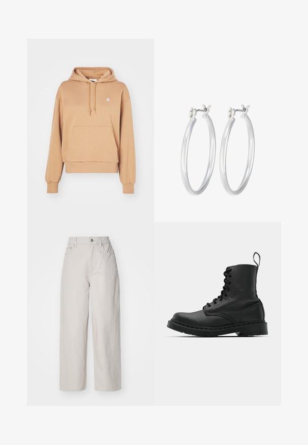 Carhartt WIP HOODED CASEY - Hoodie - peanut/silver; Beige wijde katoenbroek met hoge taille, knoop- en ritssluiting, en vier zakken; zachte textuur met denimafwerking.; Zwarte leren gevechtslaars met een ronde neus, vetersluiting aan de voorkant en een lusje bij de enkel. Kenmerkt zich door een dikke rubberen zool voor duurzaamheid.; Zilveren oorbellen in de vorm van een gladde, gepolijste ring. Ronde vorm met een veilige kliksluiting. Lichtgewicht ontwerp, geschikt voor dagelijks gebruik.