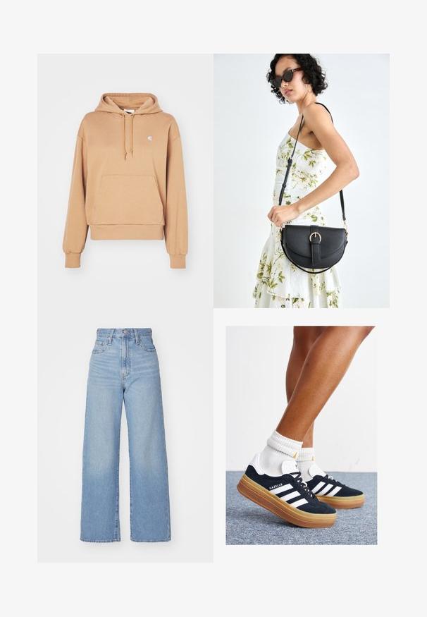 Carhartt WIP HOODED CASEY - Hoodie - peanut/silver; Light blue high-waist wide-leg jeans with front button and zip closure, front and back pockets, on a white background.; Black suede sneakers with white stripes and accents, rounded toe, gum rubber outsole, paired with white ribbed crew socks.; Black leather handbag with a curved shape, detachable strap, and gold hardware. The bag features a flap with a buckle detail.