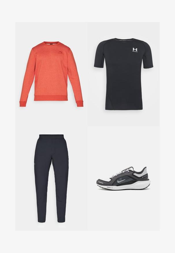 Under Armour ICON FLEECE - Felpa - earthen orange/light heather; Maglietta sportiva nera a maniche corte realizzata in tessuto traspirante e elastico. Presenta un collo rotondo e un piccolo logo bianco sul petto.; Pantaloni sportivi neri con una texture liscia, vestibilità slim, vita elastica e tasche laterali. Presentano un piccolo logo sulla coscia sinistra.; Scarpa da ginnastica nera e grigia con tomaia in rete, dettagli riflettenti e intersuola bianca. Presenta una suola in gomma testurizzata e lacci.