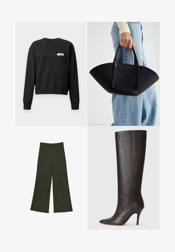 Černý svetr s dlouhým rukávem a kulatým výstřihem, se malou bílou a černou cedulkou přišitou poblíž levé části hrudníku.; Kalhoty s širokými nohavicemi vyrobené z tmavozelené látky, s hladkým předním dílem, vertikálními švy a zapínáním na zip na zadní straně.; Černá kožená boty po kolena s špičatou špičkou, elegantním designem a tenkým vysokým podpatkem. Hladká textura a minimální detaily.; Černá kožená kabelka s jedinečným tvarováním ve tvaru vějíře, vybavená plochými uchy. Povrch má jemně zrnitou texturu a minimalistický design.