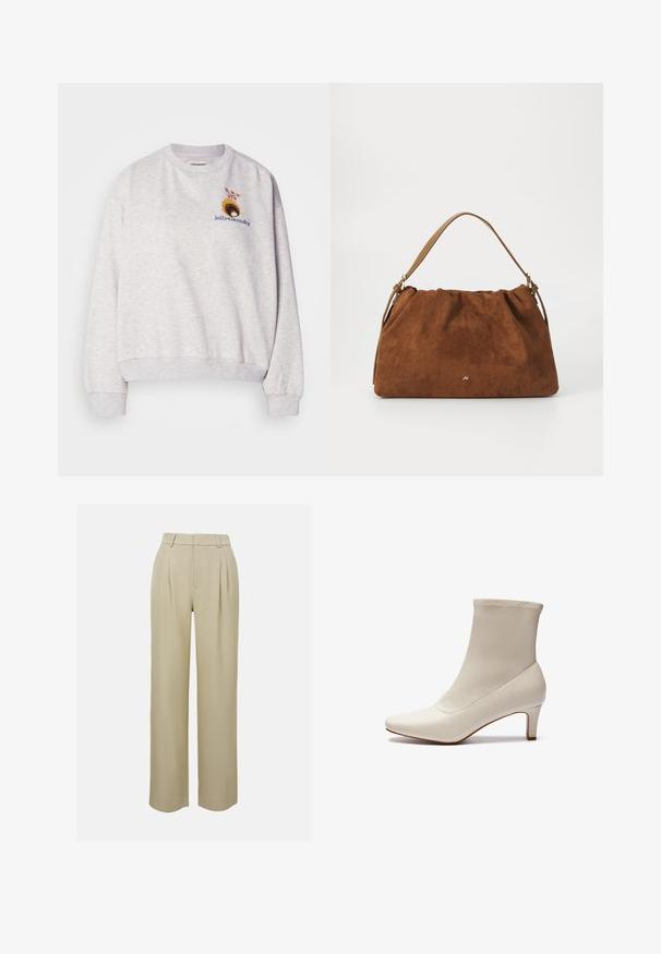 Sudadera gris claro hecha de material suave, con cuello redondo y puños acanalados, con bordado floral en el pecho.; Pantalones de pierna ancha beige hechos de una tela suave, con pliegues frontales, una cintura ajustada y bolsillos laterales. Acabado limpio en el dobladillo.; Botín blanco hasta el tobillo hecho de cuero suave con punta afilada y un tacón corto y cónico. Presenta un diseño minimalista y un empeine sin costuras.; Bolso de ante marrón con un diseño fruncido, que cuenta con una sola correa de piel marrón y un sutil detalle del logo dorado en la parte frontal.