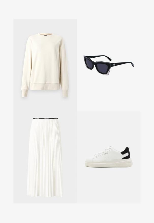 Krém színű pulóver, kerek nyakkivágással, bordázott mandzsettákkal és aljjal, puha anyagból készült, a mellrészen egy finom logóval.; Plisszírozott fehér szoknya fekete elasztikus derékkal, amelyen a "LACOSTE" logó található. Középhosszú kialakítás, puha tapintással.; Fehér bőr sportcipők vastag fehér talppal, fekete velúr sarokpikkelyel és dombornyomott logóval az oldalon. Fűzős kialakítás, hat fűzőlyukkal.; Fekete, nagyméretű napszemüveg geometrikus formával, sötét lencsékkel és kontrasztos szürke részlettel a kereten. Logó a szárán.