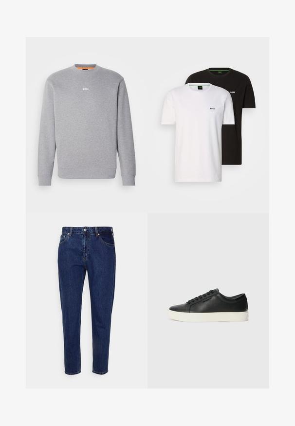 BOSS Camisola - light pastel grey; Duas t-shirts de algodão em preto e branco, com decote redondo e um pequeno logo no peito. Ambas têm mangas curtas e um corte reto.; Jeans de denim azul escuro com um corte reto, cinco bolsos e fecho de botão. Apresenta desbotamento sutil e detalhes de costura.; Sneakers de couro preto com textura perfurada, bico redondo e sola de borracha branca plana. Apresenta atacadores pretos e um logótipo discreto na lateral.