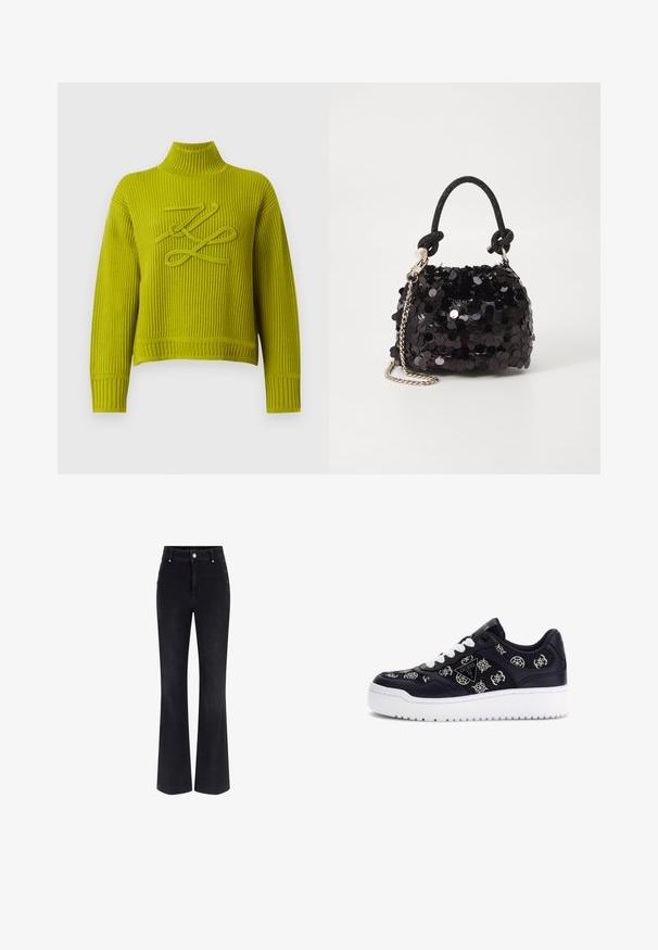 Long-sleeve ribbed knit sweater in bright yellow-green with high collar and decorative looped stitch design on the chest.; Black denim flared jeans featuring a high waist, five-pocket design, and metallic button accents on the sides. Smooth texture and classic fit.; Sneakers with a navy leather upper, white rubber sole, embroidered logo patterns, and white laces. Features a padded collar for comfort.; Black sequin mini handbag with a knotted textured strap and silver chain. Rounded shape with gathered top and reflective detailing.