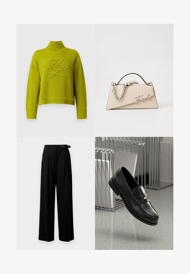 Long-sleeve ribbed knit sweater in bright yellow-green with high collar and decorative looped stitch design on the chest.; Black wide-leg trousers with a high waist, pleats at the front, and a belt featuring a buckle. Made from smooth, lightweight fabric.; Black leather loafers with a smooth finish, featuring a decorative band and small gold accent. The sole is flat with a rounded toe.; Beige leather handbag with a structured, triangular shape, featuring a silver chain handle and a cursive logo in metal.