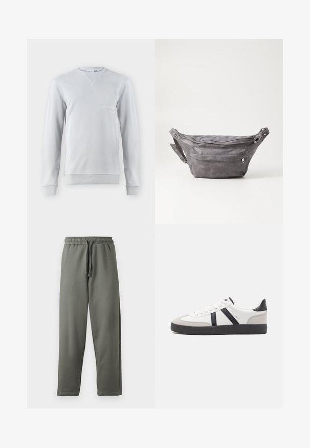 Lys grå sweatshirt, blanding af bomuld, rund hals, ribbet detaljer ved krave og manchetter, har broderet tekst "SAN BERNARD CALIF." foran.; Grå sweatpants lavet af blødt stof med elastisk talje og snørelukning; har en lige benudskæring og minimal sømdetaljer.; Hvide sneakers med sorte og grå detaljer, med en tekstureret grå tåhætte, sort gummisål og flade hvide snørebånd. Rent design, minimalistisk stil.; Grå suedefanny pack med en rund form, to lynlåslommer og justerbart strop. Har metalhardware detaljer.