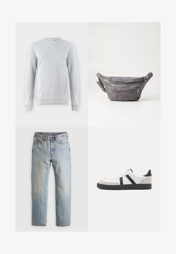 Világosszürke pulóver, pamut keverék, kerek nyakú, bordázott részletekkel a nyakban és az ujjakon, elöl hímezett "SAN BERNARD CALIF." felirattal.; Világoskék farmernadrág magas derékkal, elülső gombbal, cipzárral és öt zsebbel, sima háttérre fektetve.; Fehér sneaker fekete és szürke részletekkel, textúrált szürke orr résszel, fekete gumitalppal és lapos fehér fűzőkkel. Tiszta dizájn, minimalista stílus.; Szürke velúr övtáska kerek formával, két cipzáras rekesszel és állítható pánttal. Fém dekorációval rendelkezik.