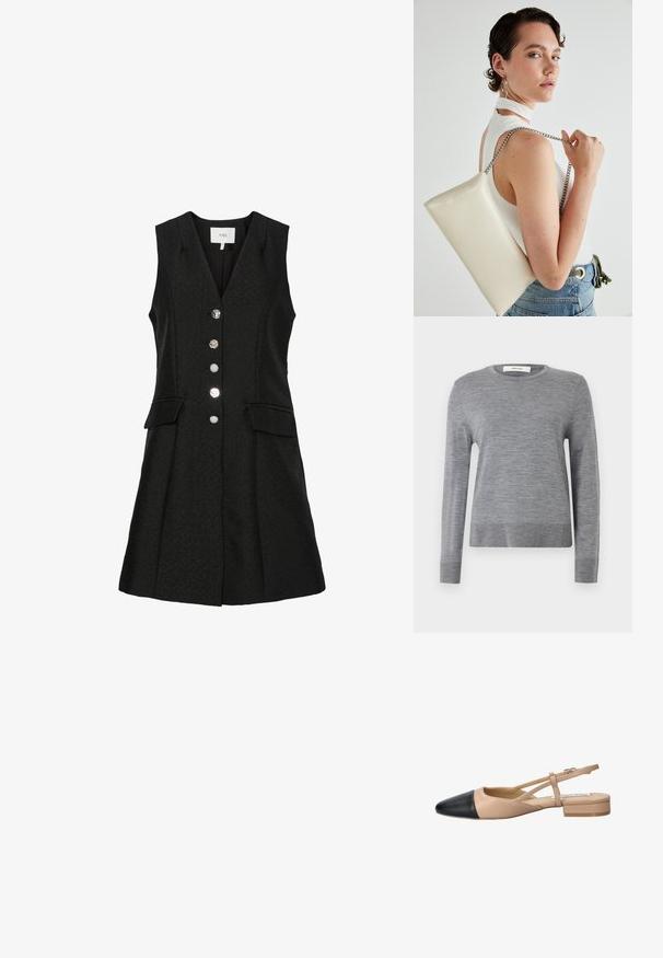 Gray long-sleeve sweater made of soft fabric. Features a round neckline and ribbed cuffs and hem. Simple, lightweight design without patterns.; Black sleeveless dress with a v-neck, featuring five metallic buttons, two front pockets, and a flared skirt design. Textured fabric.; Beige and black two-tone slingback shoe with a pointed toe, flat heel, and crisscross strap detail. Smooth leather texture.; White rectangular clutch bag made of glossy material, featuring a silver chain strap. Model poses, showcasing the bag against a plain background.
