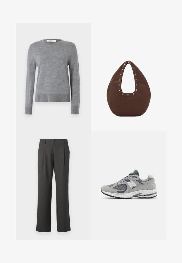 Harmaa pitkähihaisen neuleen valmistus pehmeästä kankaasta. Ominaisuuksia ovat pyöreä pääntie sekä ribbireunat hihoissa ja helmassa. Yksinkertainen, kevyt muotoilu ilman kuvioita.; Valkoinen T-paita, joka on valmistettu pehmeästä ja kevyestä kankaasta. Omistaa pyöreän kaula-aukon ja lyhyet, leveät hihat rentoa istuvuutta varten. Ei näkyviä kuvioita.; Tummanharmaat muodolliset housut suoranlahkeilla, vyölenkeillä ja etutaskuilla, esitelty valkoista taustaa vasten.; Harmaa lenkkari, jossa on verkko- ja mokkanahkamateriaaleja, valkoisella logolla, pehmustettu kaulus ja teksturoitu kumipohja. Tummemman harmaan yksityiskohtia.; Ruskea olkalaukku, jossa on kaareva muoto. Laukussa on suuri leikkauksen muotoinen kahva, jonka reunaa koristavat hopeiset niitit. Valmistettu pehmeästä kankaasta.