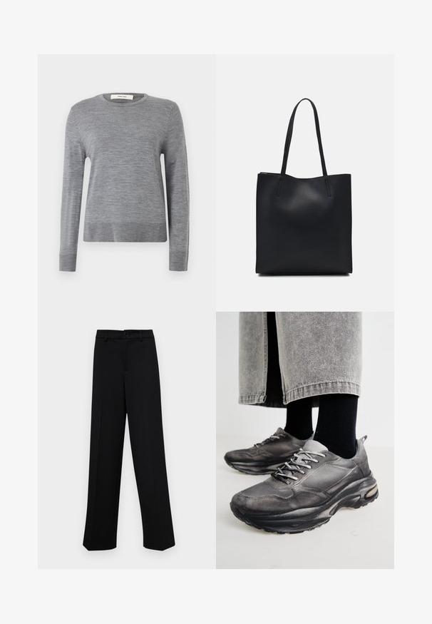 Gray long-sleeve sweater made of soft fabric. Features a round neckline and ribbed cuffs and hem. Simple, lightweight design without patterns.; Black wide-leg trousers made of smooth fabric, featuring a classic waistband with a button closure and front pleats.; Black and gray athletic shoes feature a mesh upper, thick soles, and laces. They have a rounded toe and visible cushioning detail.; Black leather tote bag with smooth texture, rectangular shape, and two long handles. No visible hardware or embellishments.