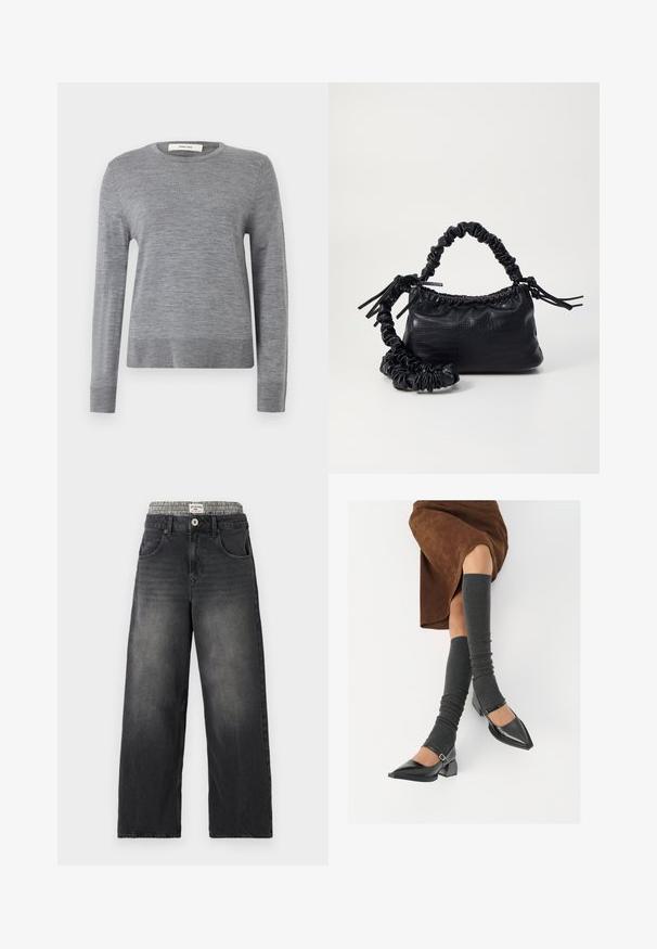 Grauer, langärmeliger Pullover aus weichem Material. Verfügt über einen runden Halsausschnitt sowie gerippte Bündchen und Saum. Einfaches, leichtes Design ohne Muster.; Schwarze Jeans mit weitem Bein aus Denim und einem Hahnentritt-Muster am Bund. Merkmale sind Fronttaschen und ein Knopfverschluß. Mit einem abgenutzten Look.; Schwarze lacklederne spitze Schuhe mit Blockabsatz und Knöchelriemen, kombiniert mit grauen gerippten Beinstulpen und einem braunen Wildlederrock.; Schwarze Handtasche aus Kunstleder mit Krokodilstruktur, gerafftem oberen Teil und einem geschoppten Tragegurt. Sie wirkt weich und kompakt im Design.