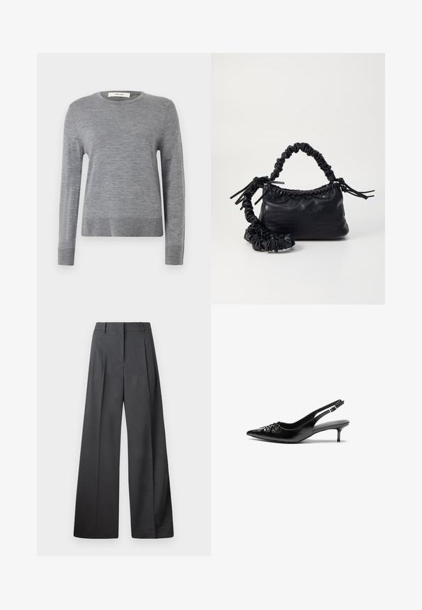 Gray long-sleeve sweater made of soft fabric. Features a round neckline and ribbed cuffs and hem. Simple, lightweight design without patterns.; Wide-leg trousers in dark gray fabric, featuring a high waist, single pleats, and a smooth texture with a clean finish at the hems.; Black leather slingback heels with a pointed toe, low kitten heel, and gathered detail on the vamp. Smooth texture and minimalist design.; Black faux leather handbag with a crocodile texture, cinched top, and a scrunched strap. Appears soft and compact in design.