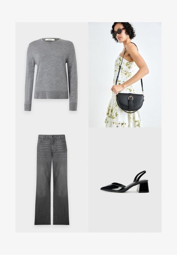 Hallus halli pikkade varrukatega kampsun, mis on valmistatud pehmest kangast. Omab ümmargust kaelust ning soonikkoes mansette ja allääret. Lihtne, kerge disain ilma mustriteta.; Hallide lõdvad hallid teksapüksid keskmise pesuga, viie tasku disaini, esi-nööp sulgemise ja peente õmbluse üksikasjadega.; Mustad musta lakknahk kingad, millel on terav varvas ja geomeetriline plokkkonts. Omab elegantselt minimalistlikku disaini ja sujuvat tekstuuri.; Mustmust mustraha kõverate joontega, eemaldatava rihmaga ja kuldsete detailidega. Kotil on klapp, millel on pandladetail.