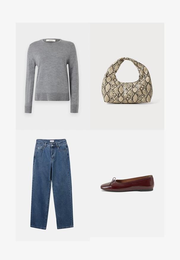 Szary sweter z długim rękawem wykonany z miękkiego materiału. Posiada okrągły dekolt oraz ściągacze na rękawach i u dołu. Prosty, lekki krój bez wzorów.; Klasyczne niebieskie dżinsy o prostym kroju, pięć kieszeni i zapięcie na guzik. Charakteryzują się średnim odcieniem i solidną teksturą.; Bordowe baleriny z lakierowanej skóry z zaokrąglonym noskiem, małą kokardką z przodu oraz niską, czarną gumową podeszwą. Gładka tekstura.; Torebka w wężowy wzór z zakrzywionym uchwytem. Wykonana z teksturowanych, beżowych i brązowych materiałów, z charakterystycznym wzorem w diamenty.