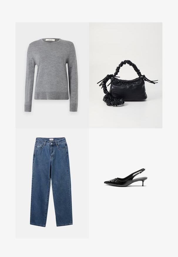 Grauer, langärmeliger Pullover aus weichem Material. Verfügt über einen runden Halsausschnitt sowie gerippte Bündchen und Saum. Einfaches, leichtes Design ohne Muster.; Klassische blaue Denim-Jeans mit geradem Bein, fünf Taschen und Knopfverschluss. Sie verfügen über eine mittelblau gewaschene Optik und sind aus robuster Textur.; Schwarze Slingback-Pumps aus Leder mit spitz zulaufender Schuhspitze, niedrigem Kitten-Heel und gerafftem Detail am Vorderblatt. Glatte Textur und minimalistisches Design.; Schwarze Handtasche aus Kunstleder mit Krokodilstruktur, gerafftem oberen Teil und einem geschoppten Tragegurt. Sie wirkt weich und kompakt im Design.