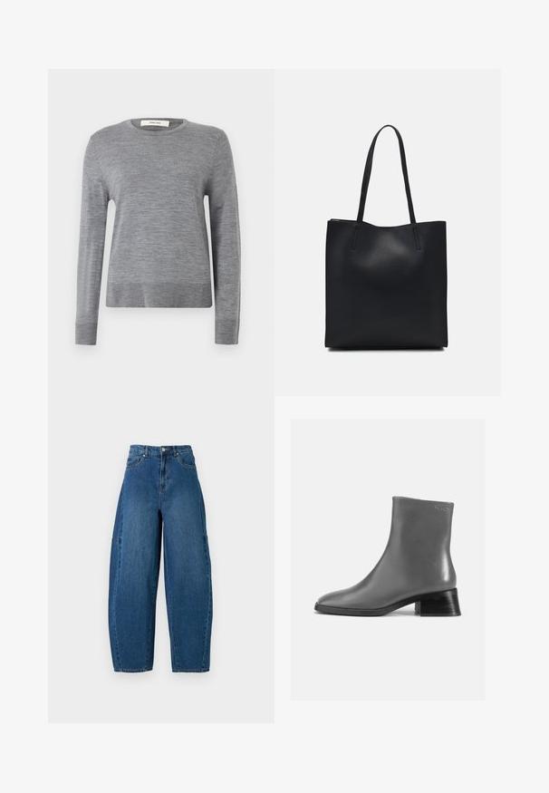 Gray long-sleeve sweater made of soft fabric. Features a round neckline and ribbed cuffs and hem. Simple, lightweight design without patterns.; Denim jeans in a medium blue wash, featuring a high waist, wide leg cut, and standard five-pocket design with visible stitching details.; Gray leather ankle boot with a rounded toe and a short, stacked black heel. Smooth texture with minimal detailing.; Black leather tote bag with smooth texture, rectangular shape, and two long handles. No visible hardware or embellishments.