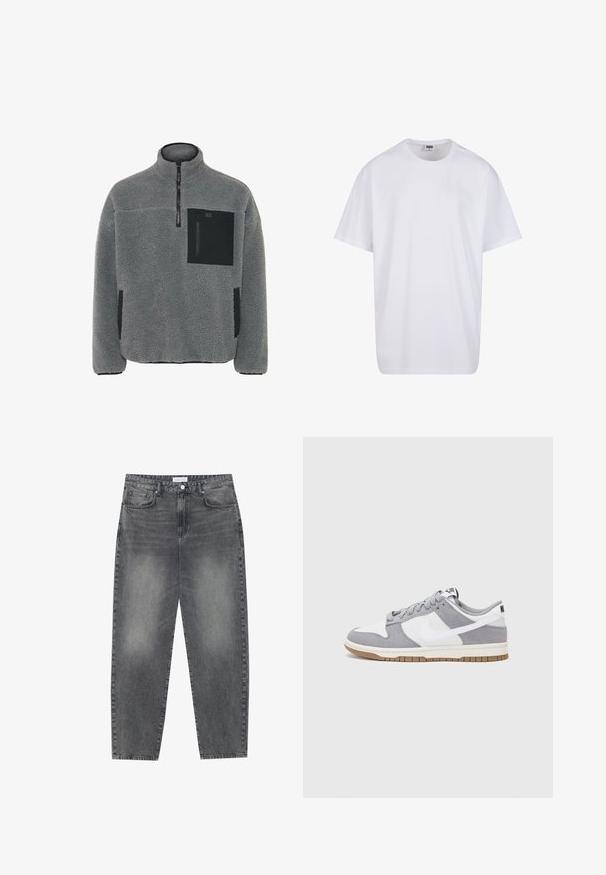 Fleece pullover vaaleanharmaana, tekstuurilla, neljännesvetoketjulla ja mustilla taskuilla rinnassa ja sivuilla.; Valkoinen puuvillainen t-paita, jossa on lyhyet hihat, pyöreä kaula-aukko, rento istuvuus ja ei näkyviä logoja tai kuvioita. Sileä pinta ja minimaalinen muotoilu.; Korkeavyötäröiset, väljät farkut haalistuneesta mustasta denimestä. Ominaisuuksiin kuuluu viisi taskua, vyölenkit ja siisti, suora lahjetyyli.; Harmaa ja valkoinen lenkkari, jossa on mokka- ja nahkapinta, pyöreä kärki, litteät nauhat ja kumipohja, jossa on vaahtomuoviväri.