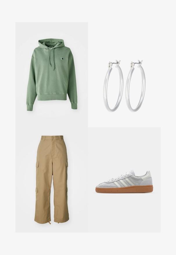 Žalias medvilnės džemperis su kengūros kišene, su raišteliu reguliuojama kapuce, raukšlėtais rankogaliais ir mažu logotipo pleistru ant krūtinės. Minkšta tekstūra, laisvas siluetas.; Šviesiai rudos spalvos cargo kelnės su aukštu liemeniu, plačiomis kojomis ir keturiomis didelėmis šoninėmis kišenėmis. Pagamintos iš patvarios medžiagos su lygiu paviršiumi ir minimaliais detalėmis.; Šviesiai pilki zomšiniai sportbačiai su baltais odiniais akcentais, trimis baltomis juostelėmis ir rudą guminę pada, turintys paminkštintą apykaklę patogumui.; Sidabriniai auskarai su sklandžiu, poliruotu paviršiumi. Apvalios formos ir saugus uždarymo mechanizmas. Lengvas dizainas, tinkantis kasdieniam dėvėjimui.