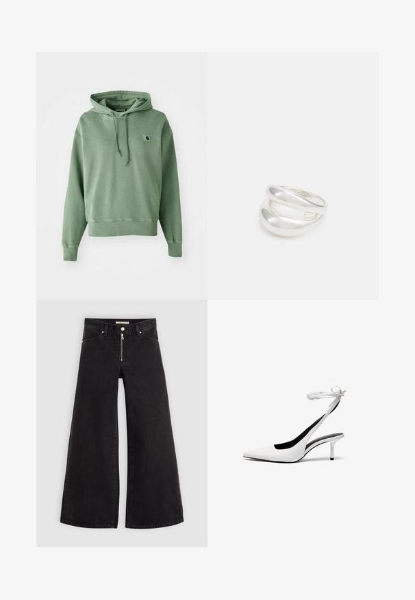 Grön bomullshoodie med känguruficka, dragsko i huvan, ribbade muddar och en liten logotyp på bröstet. Mjuk textur, avslappnad passform.; Breda jeans i svart denim med dragkedja fram, femfickorsdesign och subtila sömdetaljer. Slät textur och avslappnad stil.; Vita spetsiga slingbackklackar med en smal ankelrem. Slätt lädermaterial, smal stilettklack och en svart inre foder.; Silver ring med dubbel band och en slät, polerad yta. Har en flödande, böjd design med överlappande sektioner för en modern stil.