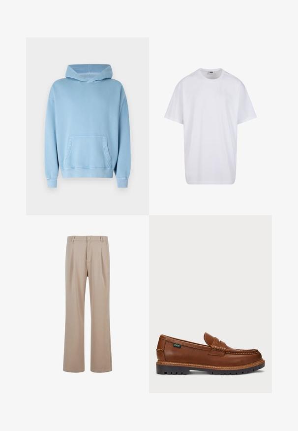 Svijetloplavi dukserica s kapuljačom izrađena od mekanog materijala. Ima prednji kengur džep, rebraste rukave i opušteni kroj. Glatka tekstura.; Bijela pamučna majica s kratkim rukavima, zaobljenim izrezom, opuštenog kroja, bez vidljivih logotipa ili uzoraka. Glatka tekstura i minimalni dizajn.; Bež hlače s naborima izrađene od glatkog materijala s ravnim nogavicama, s aplikacijom na dugme i suptilnim detaljima šivanja.; Smeđi kožni mokasini s dekorativnim šavovima i teksturiranim vrhom. Potplat ima robustan dizajn koji pruža prianjanje i izdržljivost.