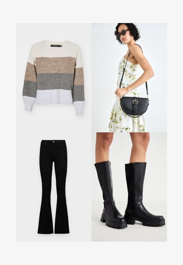 Dzianinowy sweter z dekoltem w serek. Posiada poziome paski w kolorach kremowym, taupe, brązowym, szarym i białym. Miękka tekstura oraz luźny krój.; Czarne, wysokie dżinsy z guzikem i zamkiem błyskawicznym, z przednimi kieszeniami i rozszerzanymi nogawkami, leżące płasko na białym tle.; Czarne wysokie botki wykonane z gładkiej sztucznej skóry, z grubą podeszwą, zamkiem błyskawicznym z boku i zaokrąglonym noskiem.; Czarna skórzana torebka o zakrzywionym kształcie, z odpinanym paskiem i złotymi akcentami. Torebka posiada klapę z zapięciem w kształcie klamry.