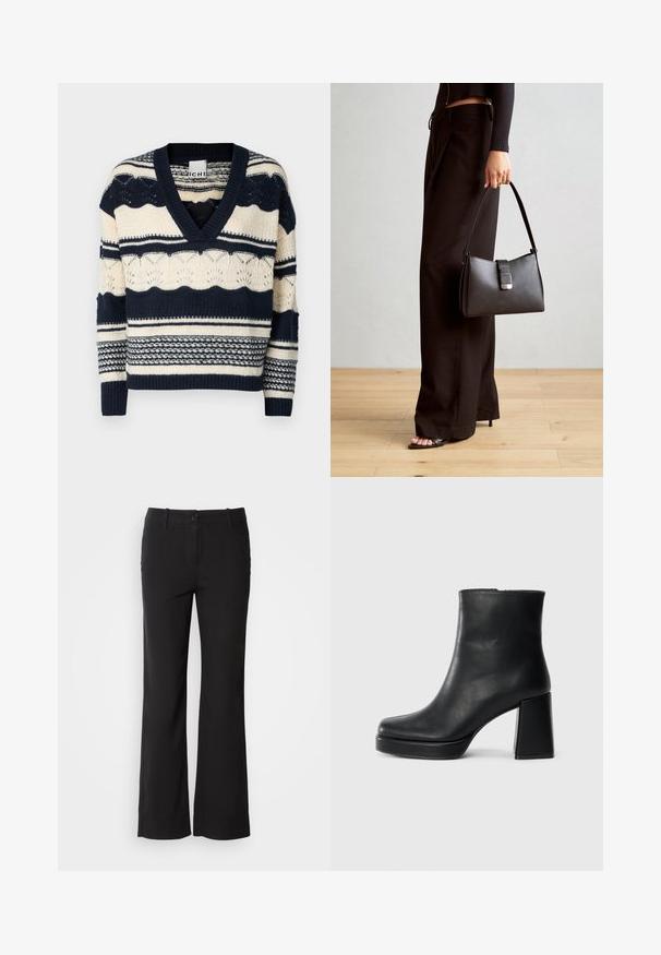 Maglione lavorato a maglia in navy e crema con scollo a V, caratterizzato da motivi geometrici e strisce texturizzate, maniche lunghe e una vestibilità comoda.; Pantaloni in misto cotone neri con design a gamba dritta, chiusura frontale con bottone e due tasche laterali. Tessuto liscio, senza motivi visibili.; Stivale alla caviglia in pelle nera con tacco a blocco e suola platform, visto di lato su uno sfondo bianco uniforme.; Borsa nera con forma strutturata, texture liscia e una chiusura metallica. Abbinata a pantaloni neri larghi e sandali open-toe su un pavimento in legno.