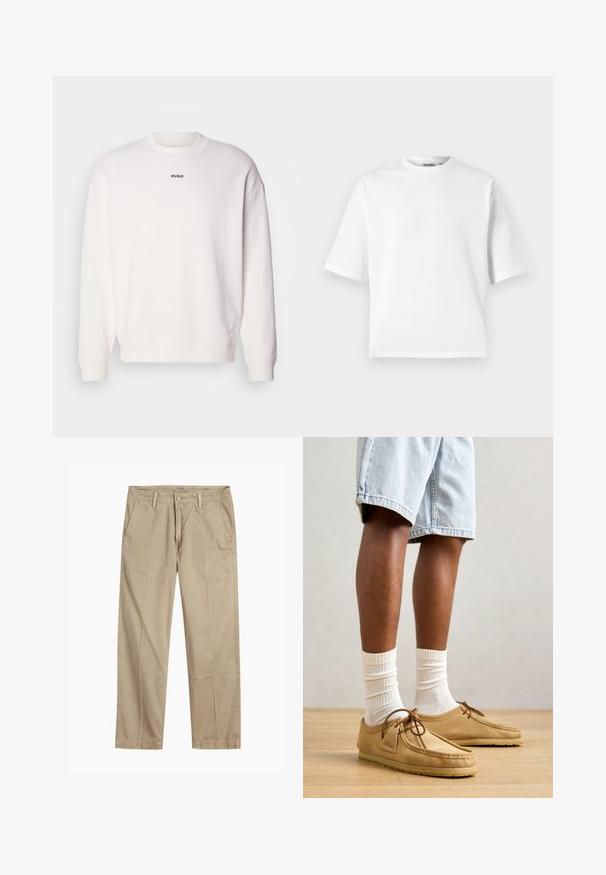 Biely crewneck sveter vyrobený z mäkkého zmezového bavlneného materiálu, s uvoľneným strihom, rebrovanými manžetami a čiernym logom "HUGO" na hrudi.; Biela kratká tričká s krátkym rukávom vyrobená z bavlny. Má klasický okrúhly výstrih a voľný strih s hladkou textúrou. Bez vzorov alebo akcentov.; Béžové chinos nohavice rovného strihu s pútkami na opasok, predným gombíkom a zipsom, a šikmými prednými vreckami.; Hnedé semišové papuče v štýle mokasín s okrúhlou špičkou a hnedou šnúrkou, spárované so širokými bielymi ponožkami a svetlými džínsovými šortkami.