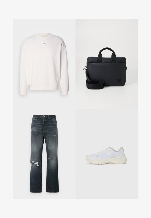 Balts crewneck krekls, izgatavots no maiga kokvilnas materiāla, ar relaksētu piegriezumu, ribotām piedurknēm un melnu "HUGO" logotipu krūtīs.; Tumšo mazgāto džinsu bikses ar brīvu piegriezumu, kurām ir divi nolietoti ceļa plēsumi, standarta pogu aizdare un piecu kabatu dizains.; Baltas sporta apavi, kas izgatavoti no sieta un zamšāda, ar teksturētu starpzoli, teksturētām akcentēm un "HUGO" logo sānos.; Melnas teksturētas klēpjdatora somas ar divām augšējām rokturiem, noņemamu siksnu, ar rāvējslēdzēju aizdari un mazu logotipa uzlīmi zīmola identifikācijai.
