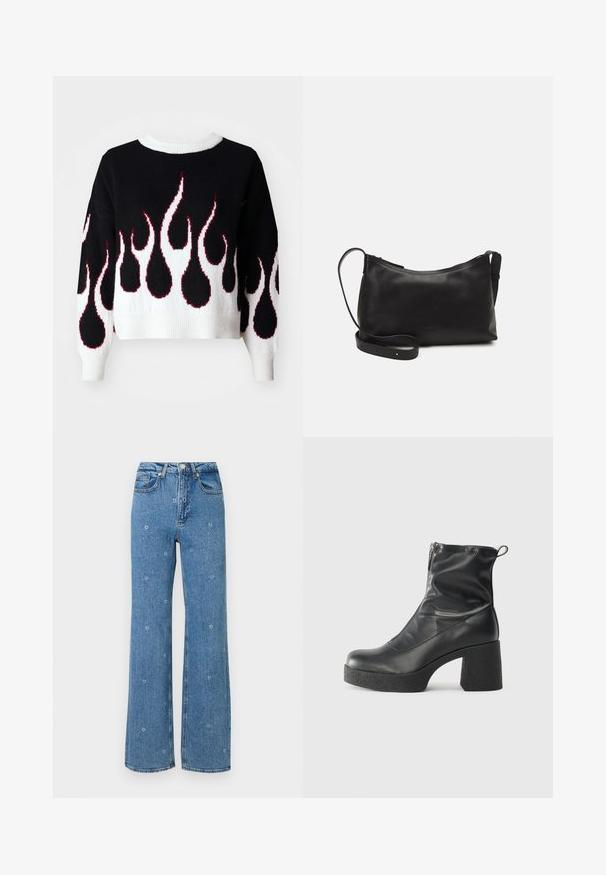 Μαύρο πλεκτό πουλόβερ με σχέδιο φλόγας σε λευκό και κόκκινο, με στρογγυλή λαιμόκοψη και ριγωτές μανσέτες και στρίφωμα. Εφαρμογή cropped, απαλής υφής.; Μπλε τζιν παντελόνι με ψηλή μέση και ευθεία γραμμή, διακοσμημένο με μικρή λευκή κεντημένη λουλουδάτη απεικόνιση διάσπαρτη σε όλο το ύφασμα.; Μαύρες μποτές μέχρι τον αστράγαλο από λείο δέρμα, με πλευρικό φερμουάρ, χοντρό υφασμάτινο τακούνι και στρογγυλή μύτη.; Μαύρη δερμάτινη τσάντα ώμου με λεία υφή, καμπύλο σχήμα, ρυθμιζόμενο λουρί και κλείσιμο με φερμουάρ. Μινιμαλιστικός σχεδιασμός χωρίς διακοσμητικά στοιχεία.