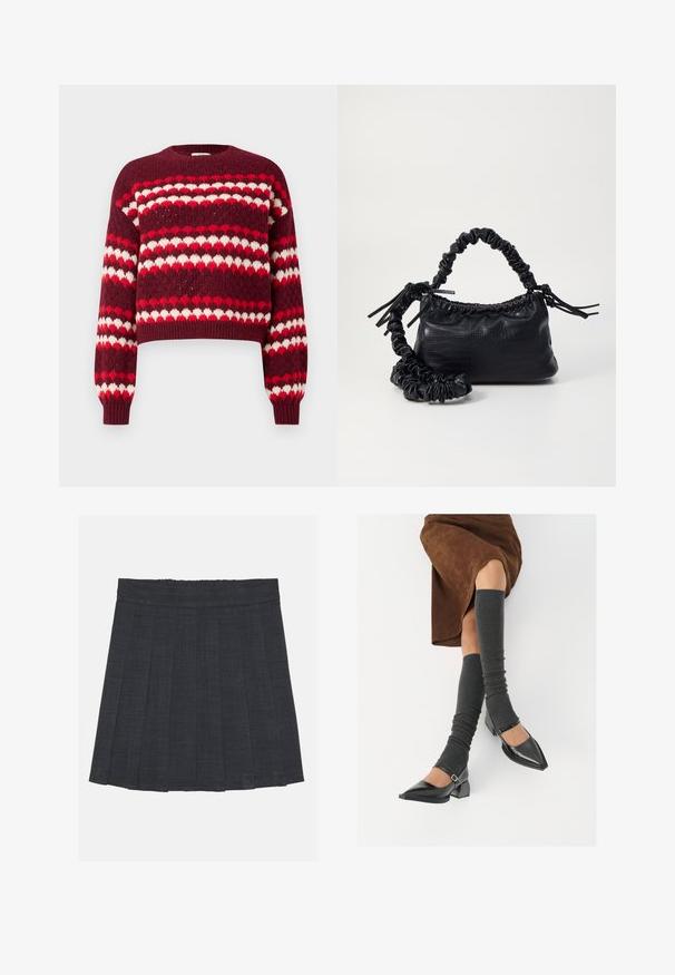 Sweater cropped em padrão vermelho e branco com decote redondo e punhos canelados, apresentando uma textura tricotada e desenhos em forma de coração.; Saia pregueada cinza escuro com cintura elástica, apresentando um tecido texturizado e uma silhueta clássica em A. Adequada para uso casual.; Sapatos pretos de pele lacada com biqueira pontuda, salto bloco e tiras no tornozelo, combinados com caneleiras cinzas em malha e uma saia de camurça castanha.; Bolsa de mão em couro sintético preto com textura de crocodilo, topo franzido e alça enrugada. Apresenta um design suave e compacto.