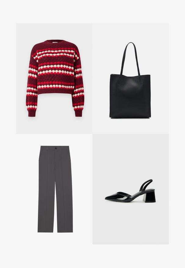 Crvena i bijela cropped pulover s uzorkom, okruglog izreza i rebrastim manžetama, s pletenom teksturom i dizajnom u obliku srca.; Sive hlače s ravnim krojem, koje imaju dva bočna džepa i dugme za zatvaranje. Glatka tkanina bez vidljivih uzoraka ili akcenata.; Crne lakirane kožne sandale s otvorenom petom i špicastim vrhom, s geometrijskom blok petom. Imaju elegantan, minimalistički dizajn i glatku teksturu.; Crna kožna torba za nošenje s glatkom teksturom, pravokutnim oblikom i dvije duge ručke. Nema vidljivih metalnih dijelova ili ukrasa.