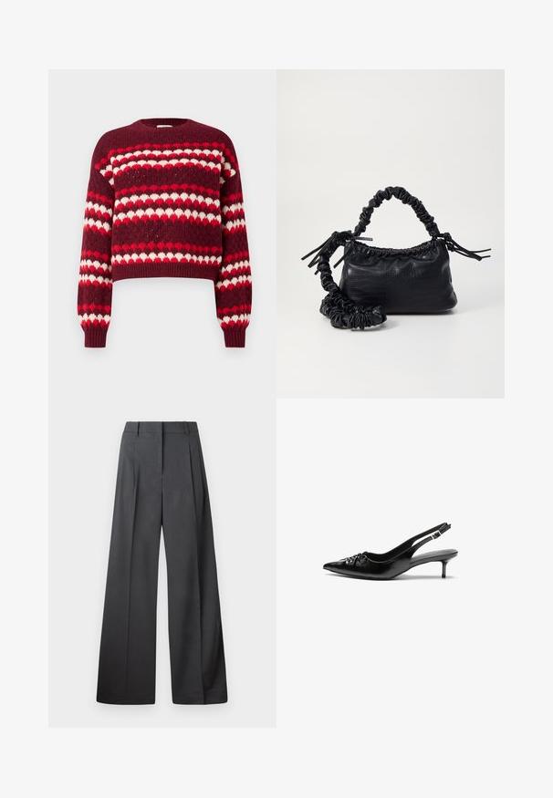 Sarkans un balts rakstains izgriezts džemperis ar apkakles izgriezumu un ribotām piedurknēm, ar adījuma struktūru un sirds formas dizainu.; Platās kājas bikses tumši pelēkā audumā, ar augstu jostasvietu, ar vienu uzpūstu vīli un gludu tekstūru ar tīru apdari ap malām.; Melni ādas sandales ar norādītu pirkstu, mazu kaķa papēdi un dekoratīvu mezglu detaļu priekšā. Gluda tekstūra visā virsmā.; Melnā mākslīgās ādas rokassoma ar krokodila rakstu, savilkta augšdaļa un saburzīta siksna. Izskatās mīksta un kompakta pēc dizaina.