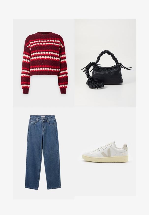 Rød og hvit mønstrete kort genser med rund hals og ribbestrikkede mansjetter, med strikket tekstur og hjerteformede design.; Klassiske blå denimjeans med rett ben-design, fem lommer og knappelukking. Har en middels vask og solid tekstur.; Hvite lær sneakers med beige semsket detaljer, perforert tåboks, flate lisser og en teksturert kremfarget såle. Har subtil branding på hælen.; Svart faux skinn-håndveske med krokodilletekstur, strammet topp og en rynket stropp. Ser myk og kompakt ut i designen.