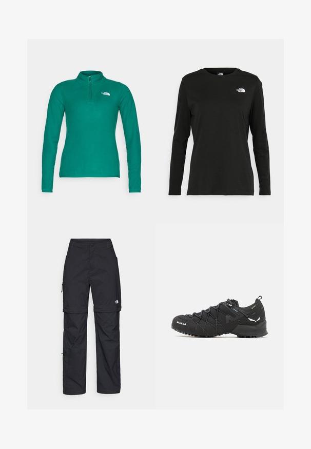 The North Face 100 GLACIER 1/4 ZIP - Fleecepullover - evergreen; Schwarzes Langarm-T-Shirt aus Baumwolle mit Rundhalsausschnitt. Verfügt über ein kleines weißes Logo auf der linken Brustseite. Einfaches Design und Passform.; Schwarze Nylon-Zip-Off-Cargohosen mit verstellbaren Bündchen, mehreren Taschen und einem Logo am rechten Bein. Glatte, leichte Textur.; Schwarze Wanderschuhe mit einem strukturierten Obermaterial aus Stoff, Schnürsystem und robuster Gummisohle. Akzentuiert mit reflektierenden Details und Logos.