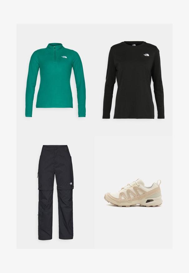 The North Face 100 GLACIER 1/4 ZIP - Fleecepullover - evergreen; Schwarzes Langarm-T-Shirt aus Baumwolle mit Rundhalsausschnitt. Verfügt über ein kleines weißes Logo auf der linken Brustseite. Einfaches Design und Passform.; Schwarze Nylon-Zip-Off-Cargohosen mit verstellbaren Bündchen, mehreren Taschen und einem Logo am rechten Bein. Glatte, leichte Textur.; Beige und cremefarbenen Sportschuh mit strukturiertem Mesh-Obermaterial, unterstützenden Überzügen und Gummisohle mit einem Profilmuster für Bodenhaftung.