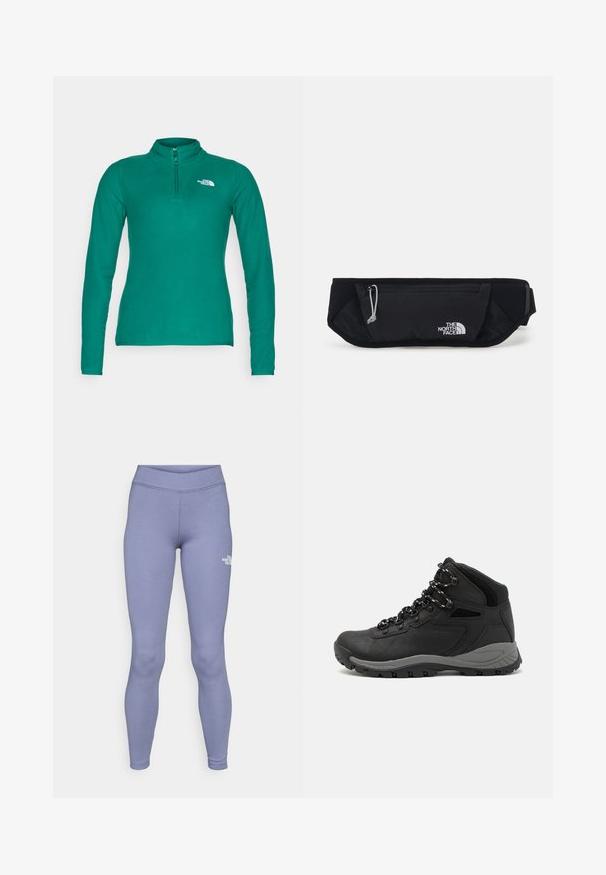 The North Face 100 GLACIER 1/4 ZIP - Flisinis džemperis - evergreen; Mėlyni sportiniai leggingai, pagaminti iš minkštos, tamprios medžiagos. Ypatybės: aukšta juosmens linija ir mažas baltas logotipas kairiajame šlaunies šone.; Juodas žygio botas su vidutinio aukščio dizainu, pasižymintis tekstūruota viršutine dalimi, pilkų akcentų ir patvaria guma padanga su sukibimo gumbais.; The North Face SUNRISER RUN BELT UNISEX - Diržinis krepšelis - black/white