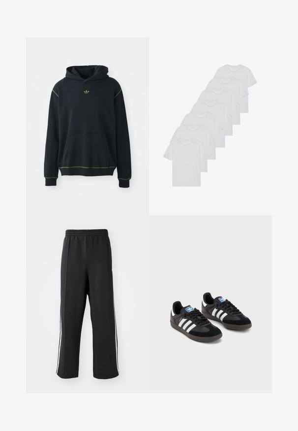 Svart hettegenser med lomme, grønne sømdetaljer og liten grønn logo på brystet. Har snor i hetta og lange ermer.; Hvite bomulls T-skjorter, korte ermer, rund hals-design, enkel tekstur, stablet i en rekke, med subtil merking ved halsen.; Svart joggebukse med elastisk midjebånd, med hvite sidestreker og avslappet passform. Laget av myk, elastisk stoff.; Svarte sneakers med overdel i semsket lær og syntetisk materiale, med tre hvite striper, strukturert gummisåle og blå logoetikett på tungen.