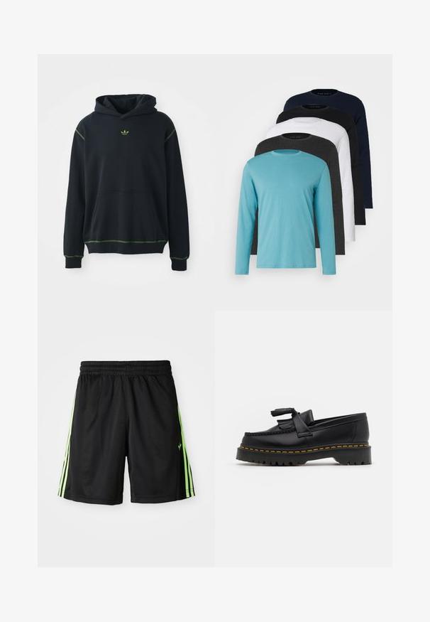 Um hoodie preto com um bolso, detalhes em costura verde e um pequeno logótipo verde no peito. Apresenta um capuz com cordão e mangas compridas.; Cinco T-shirts de manga longa em fila: turquesa, preto, branco, cinza escuro e azul-marinho. Tecido suave com design de gola redonda e ajuste padrão.; Calções de atletismo pretos com cintura elástica, featuring duas riscas verticais em verde néon de cada lado e um pequeno logotipo na parte frontal esquerda.; Mocassim de couro preto com um detalhe de franjas, apresentando uma sola preta robusta e costura amarela ao longo da borda. Acabamento texturizado.
