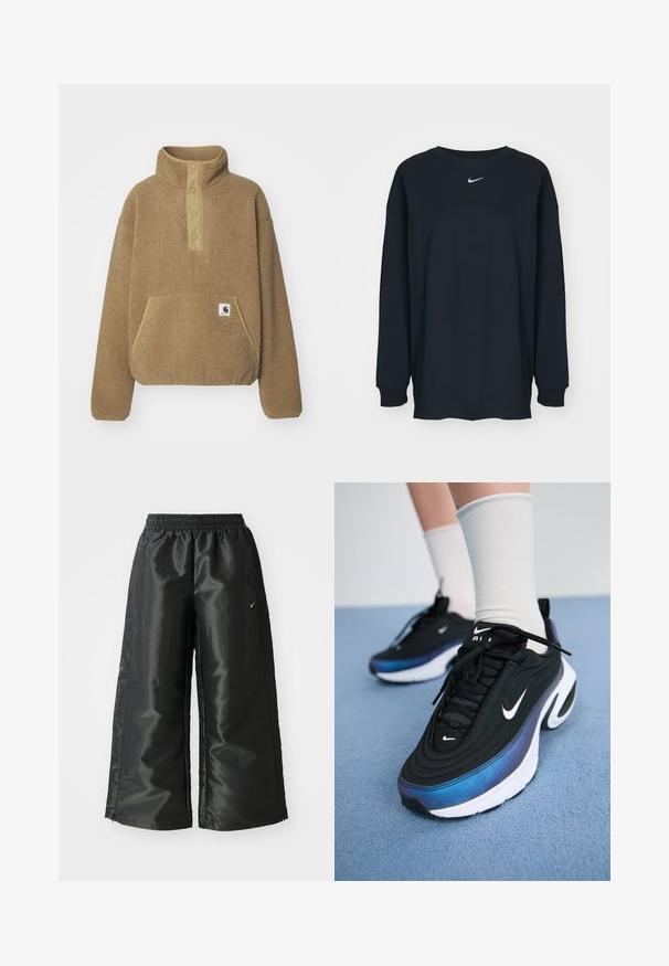 Carhartt WIP ELLIOT jasny brąz; Czarna, długosleeve'owa koszulka z bawełny z okrągłym dekoltem. Posiada białe logo Nike na piersi. Miękka faktura, prosty design.; Czarne spodnie sportowe z błyszczącego, gładkiego materiału, z elastycznym paskiem w talii, szerokimi nogawkami i małym logo po lewej stronie.; Czarne sneakersy Nike z gładką tkaniną wierzchnią, wyróżniające się gradientowym wzorem od niebieskiego do czarnego, białą podeszwą i wyraźnymi logo.