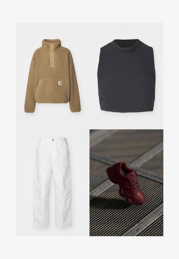 Carhartt WIP ELLIOT HIGH NECK - Fleece trui - peanut; Afgekorte ribgebreide top in donker marineblauw, met een hoge halslijn en een subtiele Nike-logo. De stof heeft een gestructureerde, rekbare uitstraling.; Witte cargobroek van denim, met een relaxte pasvorm, zijzakken en zichtbare stiksels. Eenvoudige voorkant met een knoopsluiting.; Bordeaux sneaker met een gestructureerde bovenkant, vetersluiting en opvallende contouren van de zool. Beschikt over een logo en naadloze accenten van synthetisch materiaal.