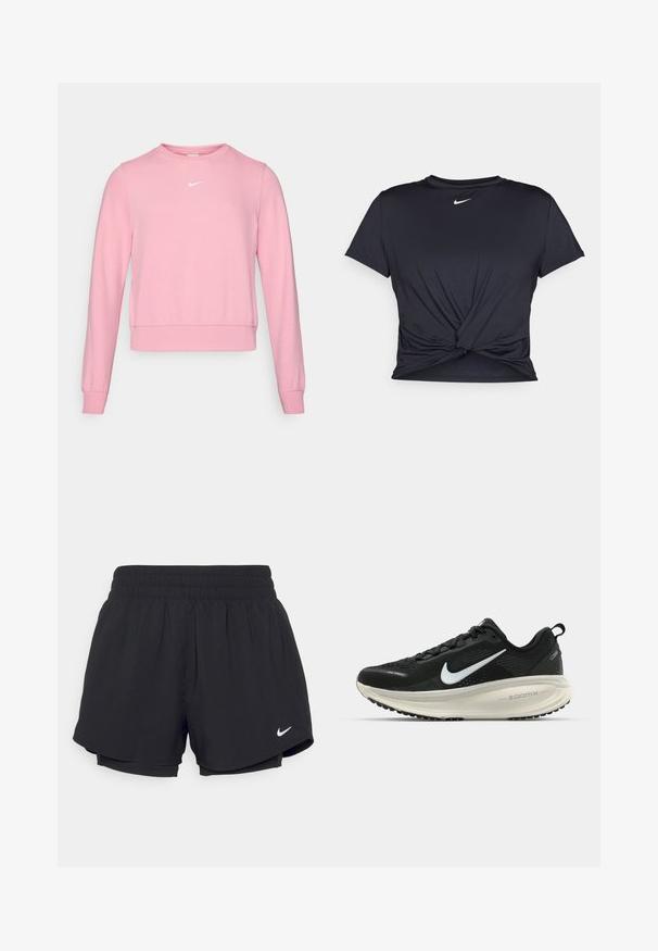 Roosa kapuutsiga sweatshirt pehmest kangast, ümar kaelus, pikad varrukad ja väike valge logo rinnal. Äär on veidi lühendatud.; Mustmust musta sportlik T-särk, mis on valmistatud sujuvast kangast, millel on sõlmega esikülg ja väike valge Nike logo rinnal.; Mustad mustad lühikesed püksid kokkutõmmatava elastse vöökohtadega, sisemise voodriga ja valge Nike logo alumises vasakus nurgas. Sile, kerge kangas.; Musthave mustus Nike jooksujalats, millel on hingav võrgust ülemine osa, valge swoosh logo, tekstuuriga detailid ja kreemja värvusega ZoomX vahevöö.