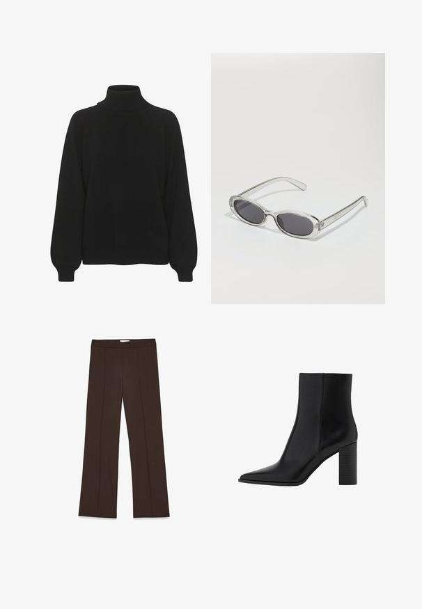 Schwarzer Rollkragenpullover mit geripptem Kragen, Raglanärmeln und lockerer Passform. Strickstruktur mit umgeschlagenen Säumen.; Braune, weit geschnittene Hosen aus glattem Stoff; mit Vorderfalten und einem regulären Bund. Minimalistisches Design ohne sichtbare Verschlüsse.; Schwarze Leder-Ankle Boots mit spitzem Zehenbereich, quadratischem Absatz, glatter Textur und Nähten entlang der Nähte. Die Absätze messen ungefähr 8,9 cm.; Sonnenbrille mit ovaler Form, klarem Kunststoffrahmen, dunkelgrauen Gläsern und dünnen transparenten Bügeln mit Logo-Akzenten und minimalen Details.; DRAGON DIFFUSION SANTA CROCE BIG - Handtasche - dark brown