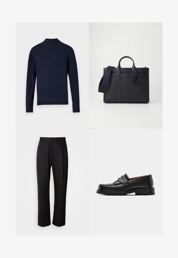 Maglione navy a maglia con collo alto, maniche lunghe e polsini a coste. Presenta un discreto logo del marchio sul petto. Texture liscia.; Pantaloni neri con taglio dritto, realizzati in tessuto leggero. Presentano una chiusura frontale con bottone e due tasche laterali; texture liscia.; I mocassini in pelle nera presentano una cucitura sollevata, due fasce decorative sulla parte superiore e una suola spessa e texture per una maggiore aderenza.; Cartella in pelle blu scuro con doppio manico superiore e tracolla removibile. Presenta una finitura texturizzata, cuciture verticali e dettaglio del logo.