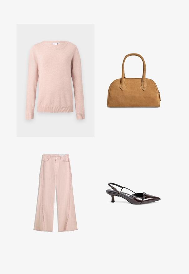 Vaaleanpunainen neulepaita, jossa on pyöreä pääntie, pitkät hihat ja ribbauskudot hihoissa ja helmassa. Valmistettu pehmeästä kankaasta, jossa on sileä rakenne.; Vaaleanpunaiset leveälahkeiset farkut, joissa on textured-pinta, hullutettu helma ja viisi taskua. Varustettu nappikiinnityksellä ja vyölenkeillä.; Bruna kiiltävästä nahasta valmistetut slingback-korkokengät, joissa on terävä kärki, pieni loiva korko, ristiin menevä strap-muotoilu ja koristeellinen sulkki etuosassa.; Beige mokkanahka käsilaukku, jossa on jämäkkä muotoilu, kahdella kahvalla ja kolmion muotoisilla aukkoilla, sekä vetoketjukiinnitys ylhäällä.